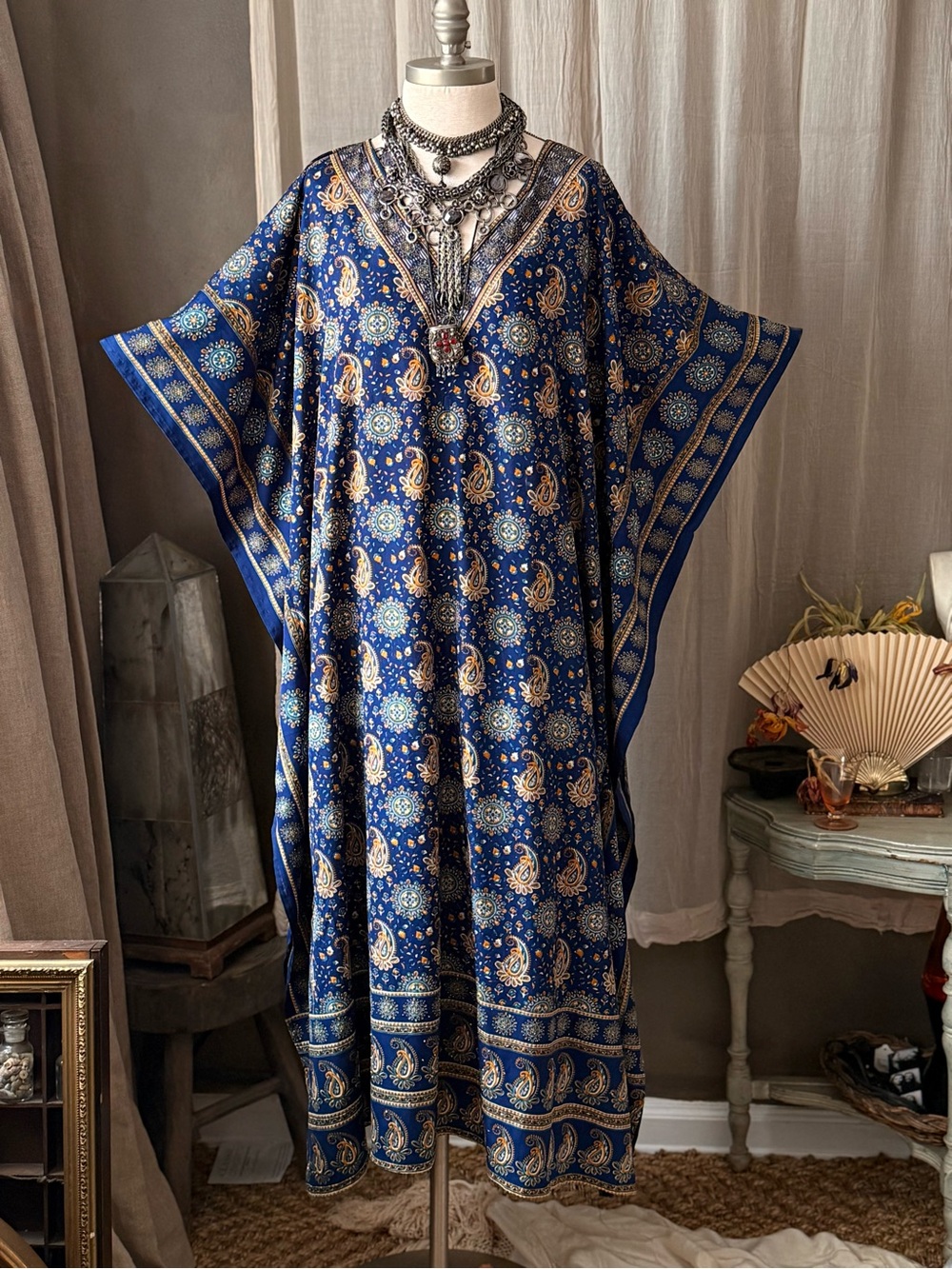 Blue paisley print oversized v neck maxi kaftan dress with rhinestones y2k boho